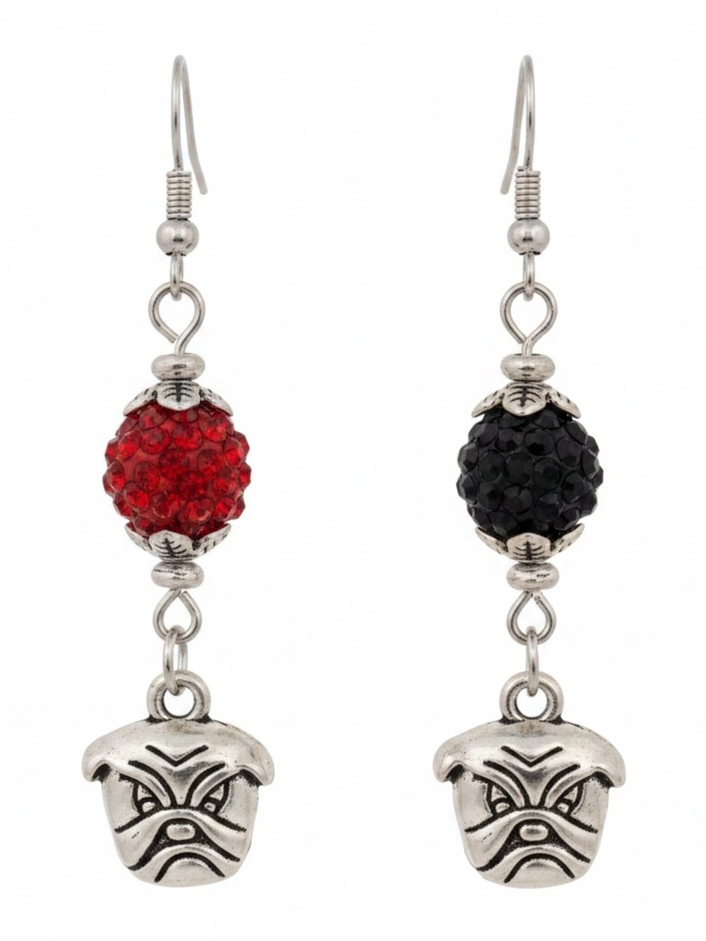 Silver Bull Dogs with Red and Black Sparkling Rhinestone Beads